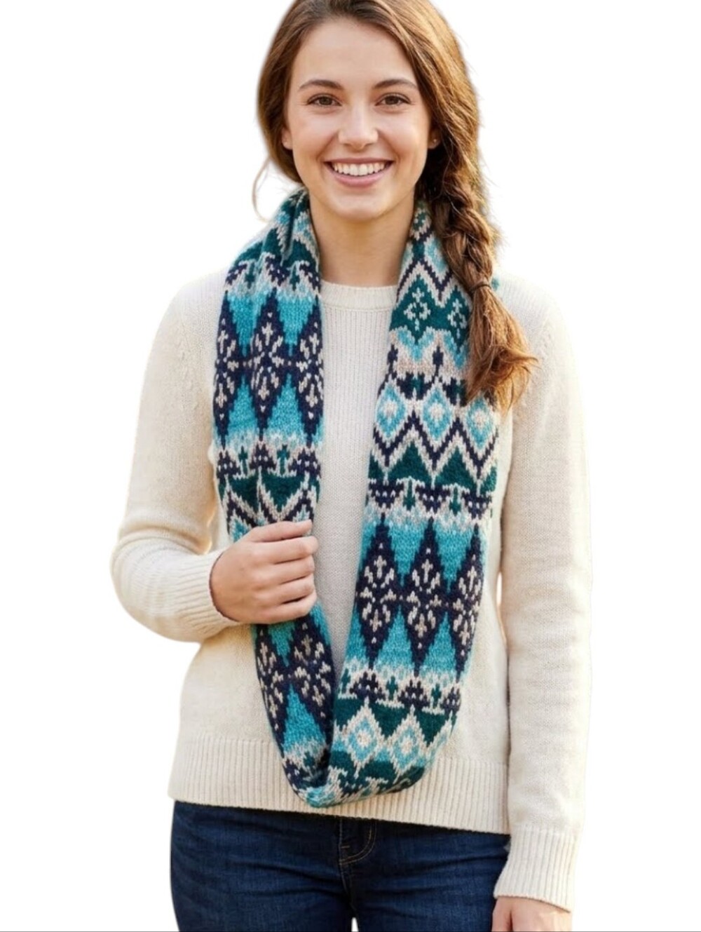 American Eagle Fair Isle Infinity Scarf Teal Blue Geometric Knit Boho Winter